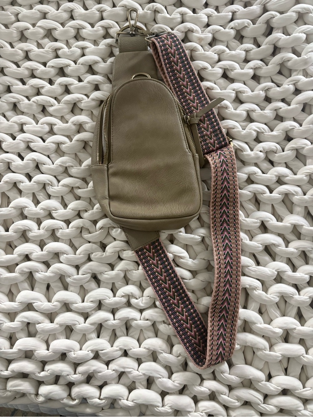 Anthropologie Olive Green Leather Sling Bag with Patterned Strap